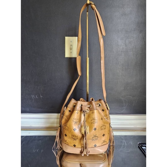 MCM Handbags - Authentic MCM Brown Visetos Leather Drawstring Bucket Bag